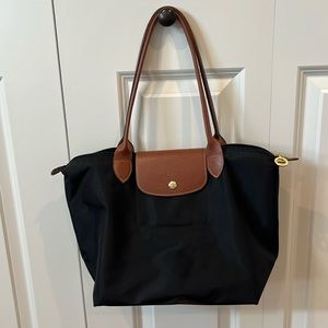 Longchamp Le Pliage original small tote, black nylon & tan leather